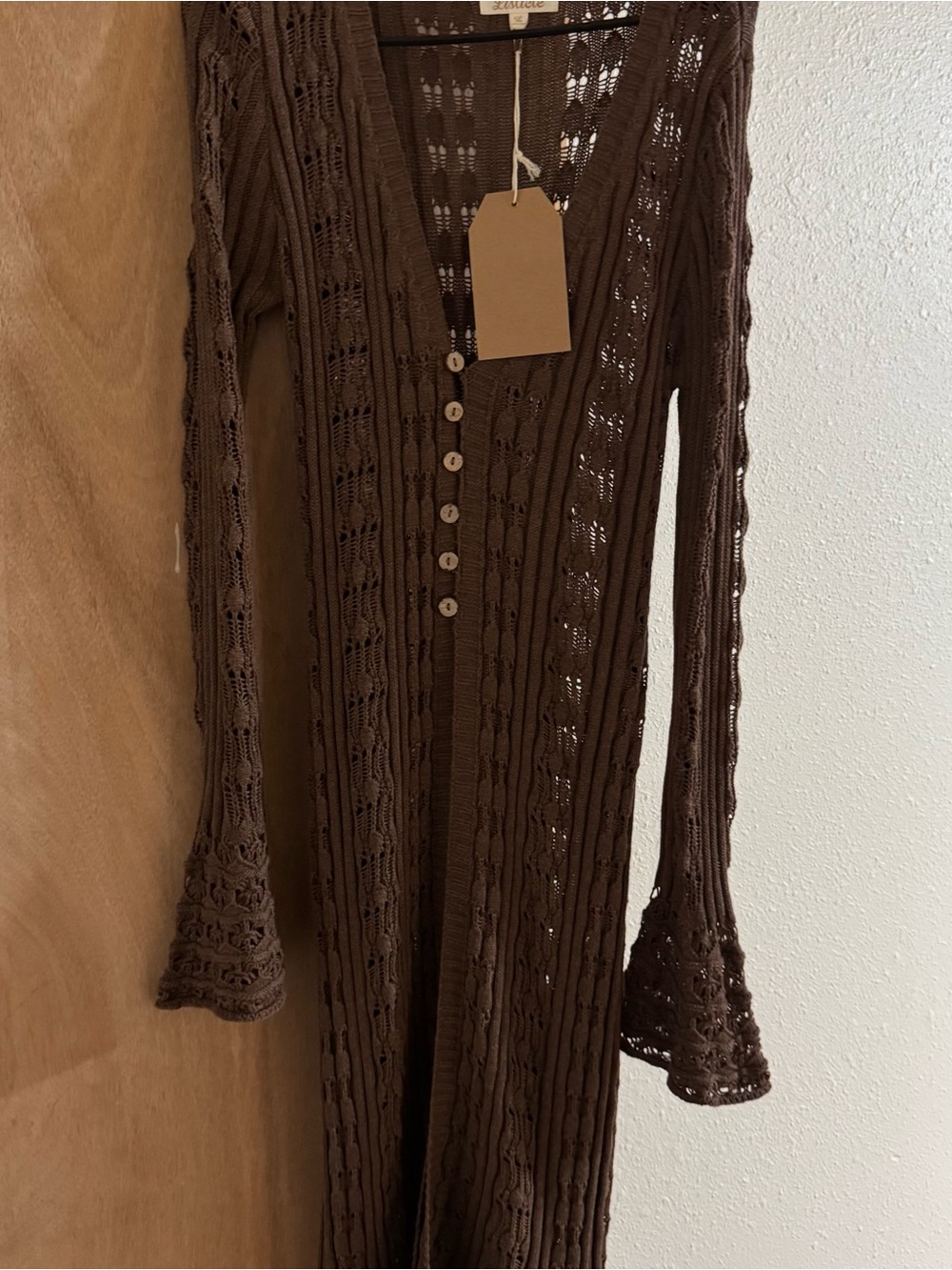 Three Bird Nest Brown Crochet Maxi Dress with Button Front